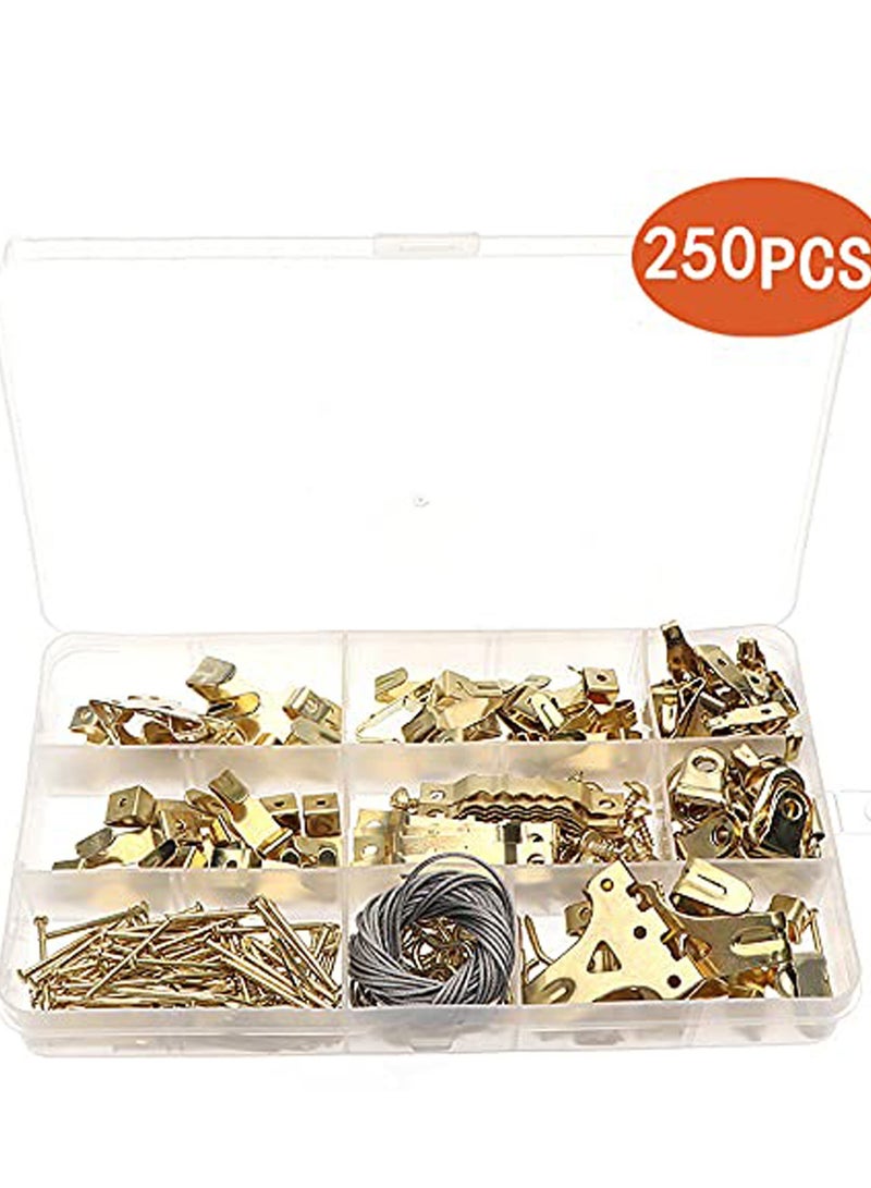 Mordely 250pcs Photo Hanging Hooks Kit, Photo Hanging Tool, Photo Hanging Hardware, Portable Photo Frame Assortment Kit for Frames, Clocks, Mirrors, Artworks - Gold - Image 1
